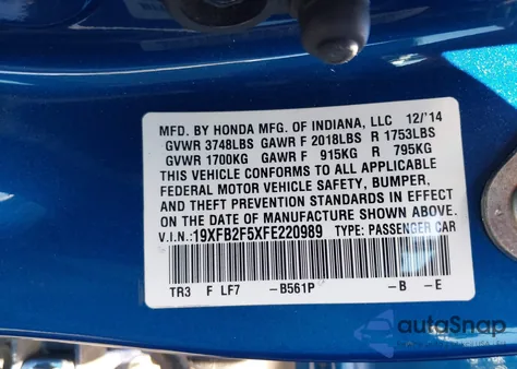 2015 Honda Civic Lx из США, поврежденный, VIN 19XFB2F5XFE220989